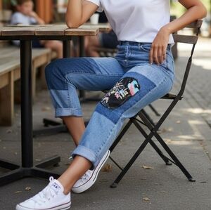 Hippie Denim Boho Embroidered Patchwork Slim Straight Jeans 31 Cropped Unique